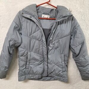 Columbia Puffer Jacket Girls Size S Gray Faux Fur Hood Winter Coat Warm